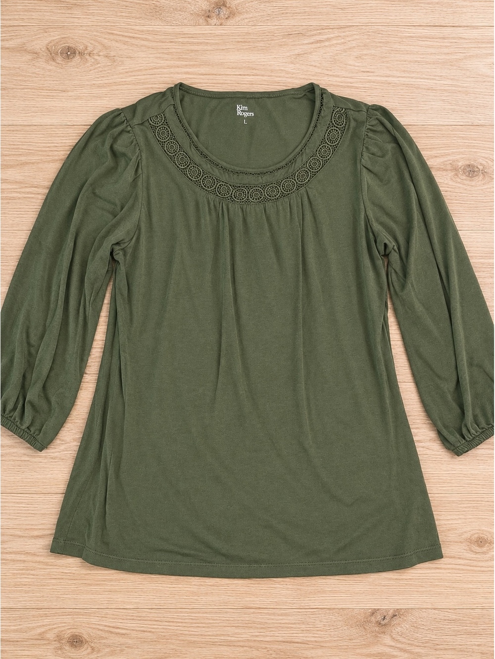 Kim Rogers Olive Green Crochet Trim Balloon Sleeve Blouse Size Medium